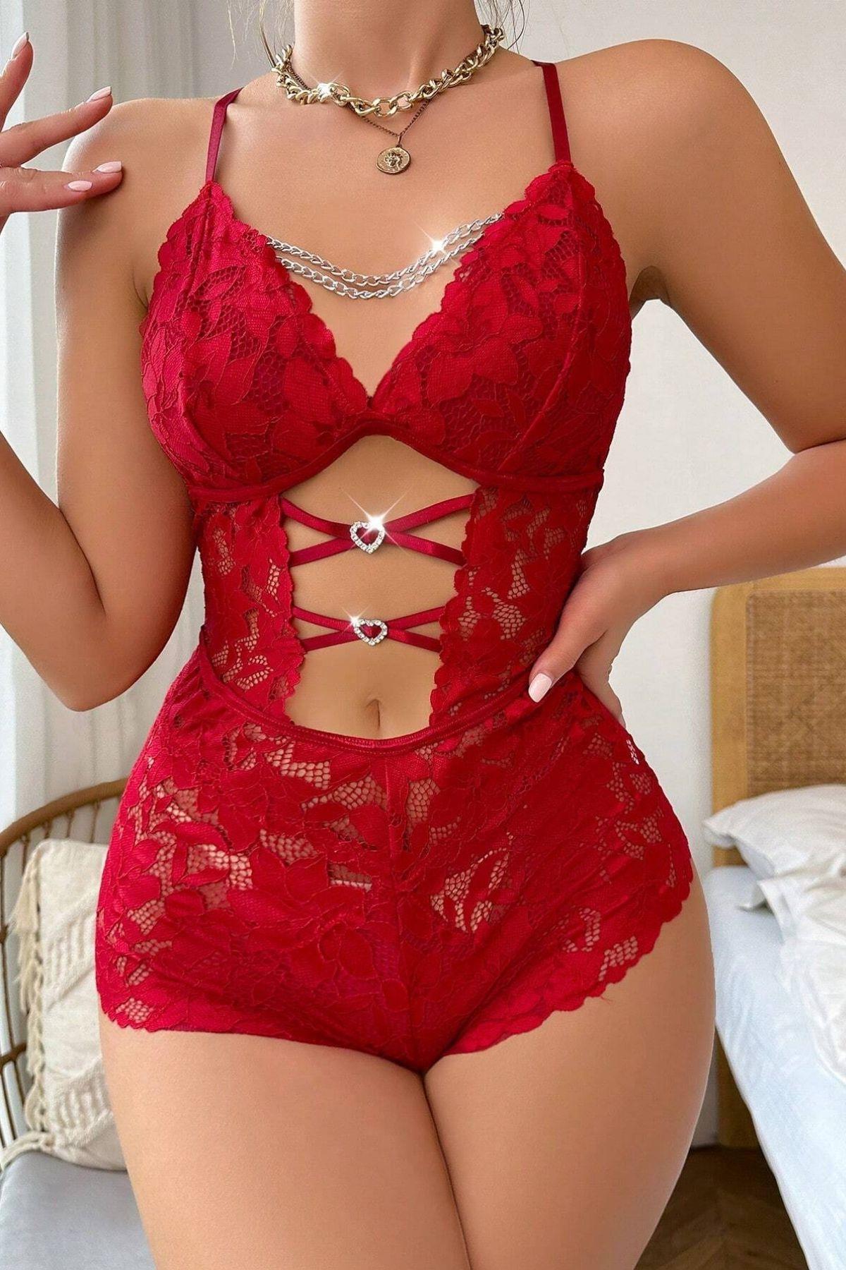 YNT Kırmızı Zincir Detaylı Dantelli Babydoll 15098