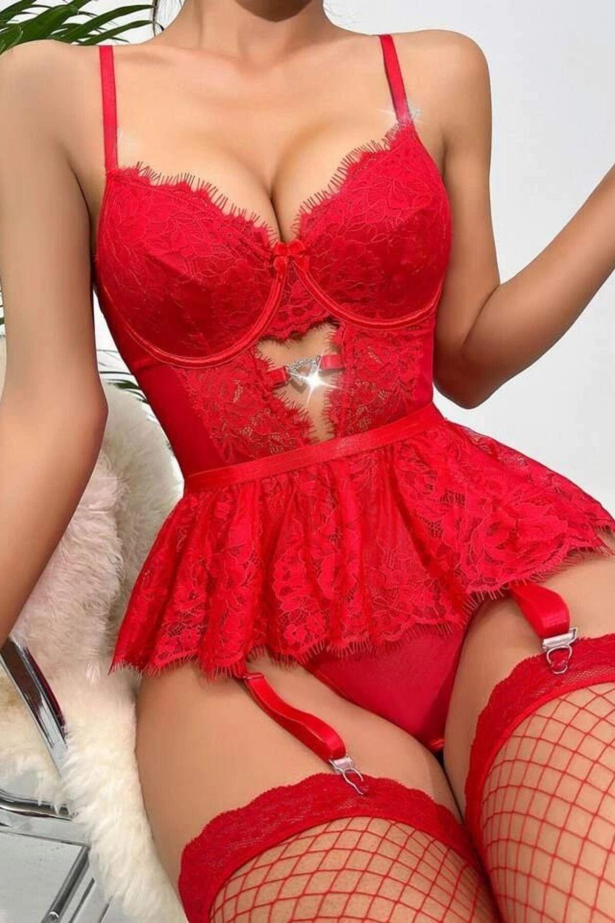 YNT Kırmızı Dantelli Etekli Babydoll Takım 16517